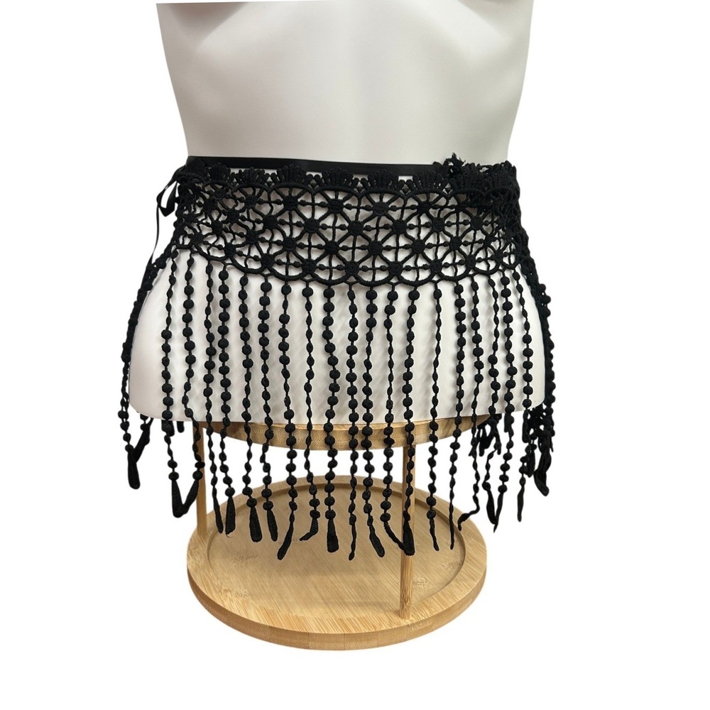 Crochet Belly Dance Hip Scarf XL Black Fringe Waist Belt Festival Boho Costume
